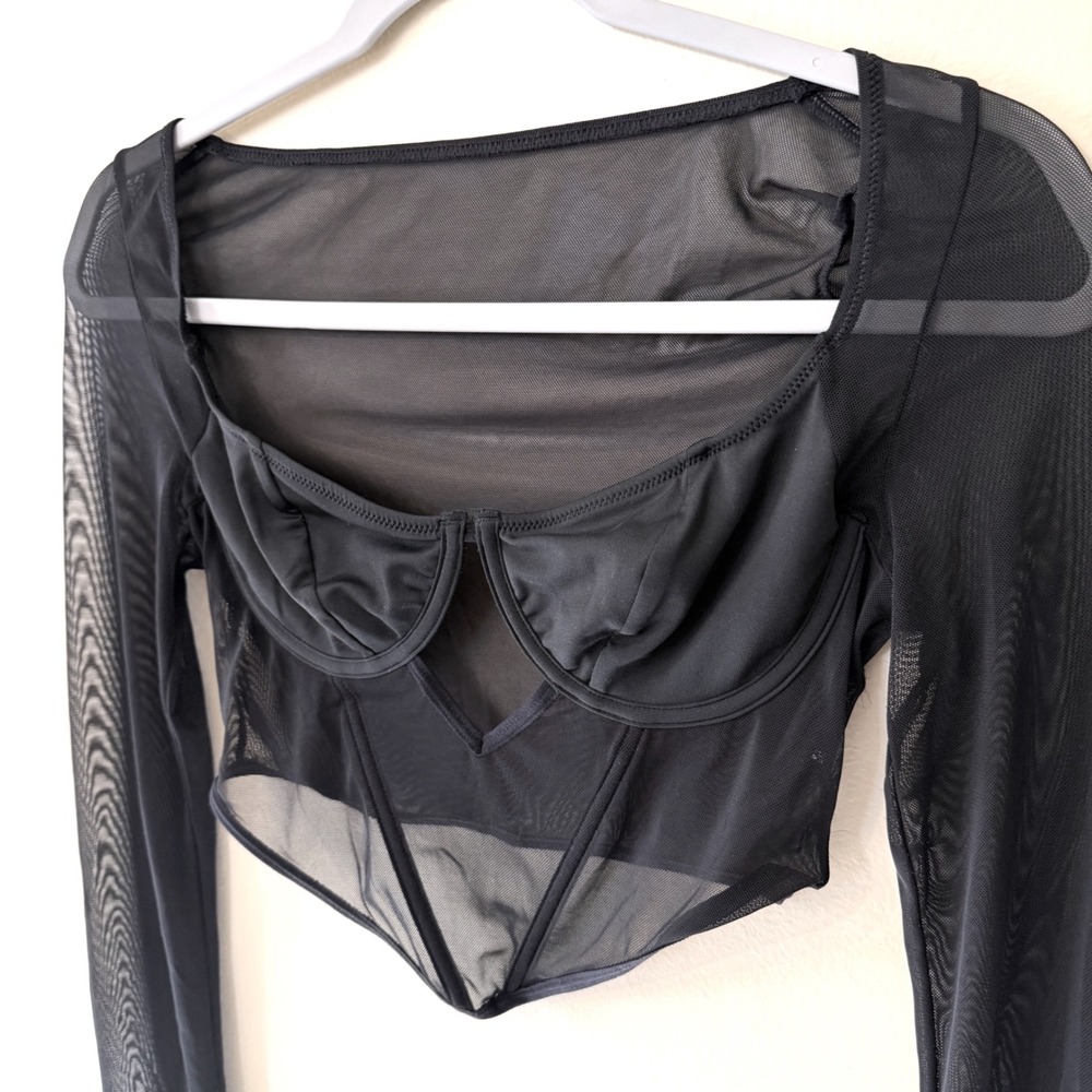 Black Mesh Long Sleeve Corset Crop Top Bustier Crop Goth Witchy Small